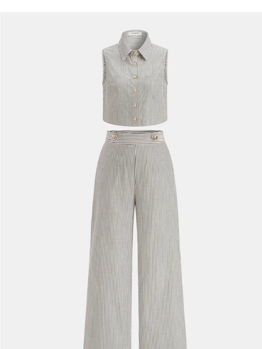 Commense Striped Sleeveless Crop Shirt and Wide-Leg Trousers in Gray Pinstripe